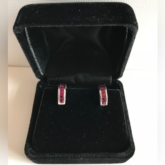 RUBY HOOP EARRINGS 14k White Gold Huggie Style Hoop Earrings July Birthstone - Picture 2 of 14